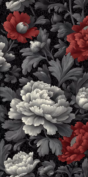 Detailed illustrative peony blooms in crimson and ivory on a dark decorative background with stylized gray leaves Ultra HD.