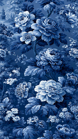 Chinoiserie peony bouquet centered on an indigo blue background in a classic toile aesthetic.