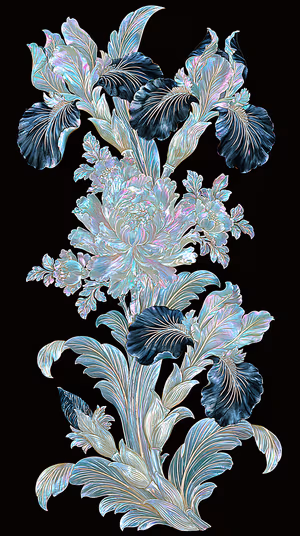 Ornate pearlescent peony and iris bouquet centered on a black background ultra HD 8K floral background