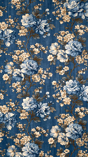 Vintage floral peony pattern centered on a deep indigo background in a tapestry aesthetic, ultra hd image