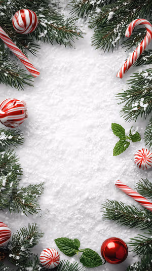 Festive peppermint frame centered on a red and green snowy background in holiday aesthetic, ultra HD image