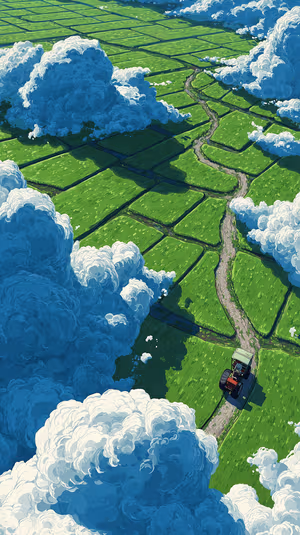 Illustration aerial farmland centered on green patchwork fields with a winding dirt road and tractor in a minimalist aesthetic, ultra hd.