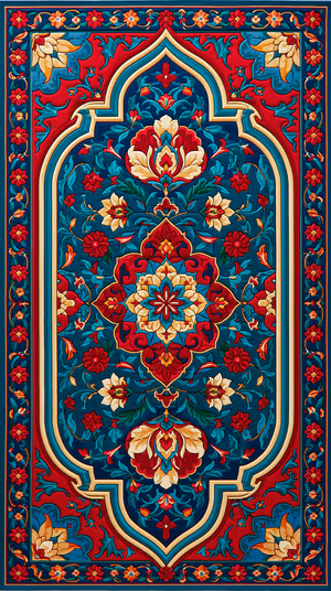 Ornate Persian medallion centered on rich red and teal background in an intricate, regal ornamental aesthetic, ultra HD 8K