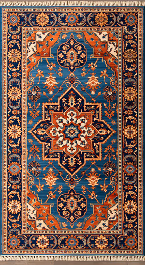 Vintage Persian rug centered on a blue and orange background in an ornate traditional aesthetic.