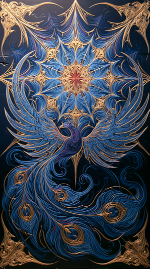 Ornate phoenix illustration centered on deep blue and gold mandala background in intricate, baroque inspired aesthetic ultra hd