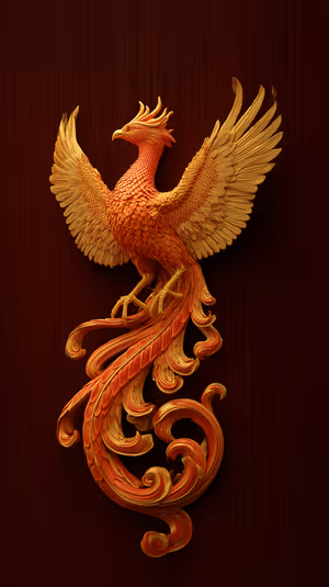 Ornate golden phoenix sculpture centered on a dark wood backdrop, ultra HD 8K background with swirling ornamental feathers.