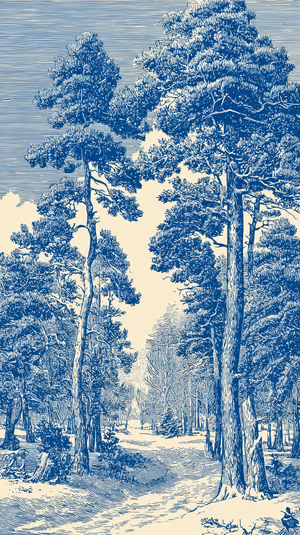 Vintage etching pine forest centered on a blue background with textured linework, ultra HD image