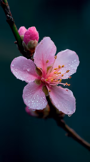 Macro pink blossom centered on a dark bokeh background in a serene macro aesthetic
