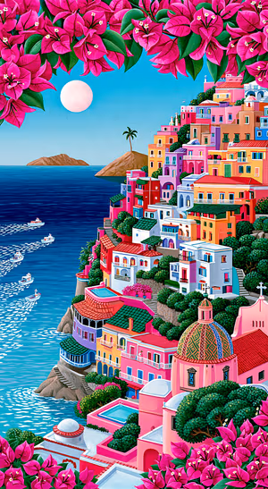 Colorful coastal village framed by pink flowers on a turquoise background in a vibrant illustrated aesthetic.