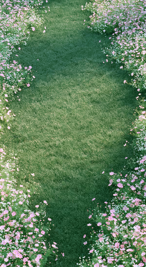 Cottagecore flower garden centered on a green grass background in a soft pink floral aesthetic.