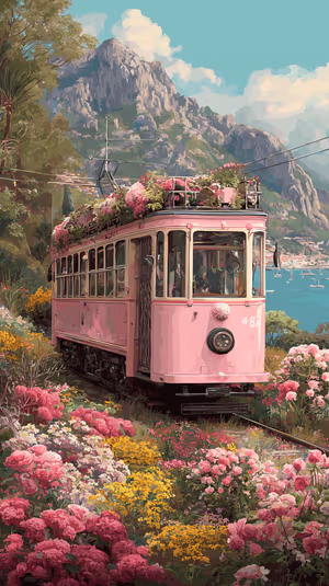 Vintage pastel pink tram centered on a coastal floral scene with mountains and sea in a nostalgic pastel aesthetic, ultra HD 8K