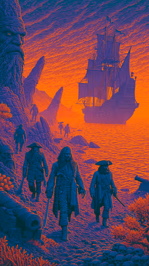 Psychedelic cinematic pirate crew and ghost ship on an orange purple sunset background, ultra HD wallpaper