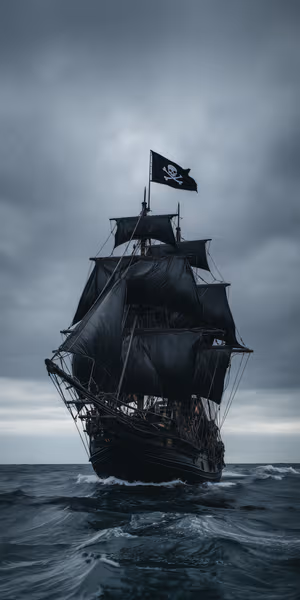 Cinematic pirate ship centered on a stormy gray background in a moody nautical aesthetic ultra hd 8K.