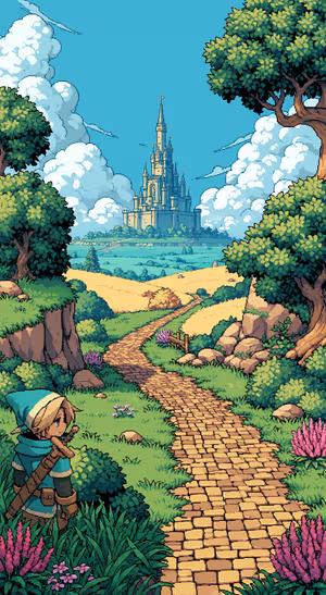 Pixel art castle and adventurer on a winding path beneath blue skies and green trees.