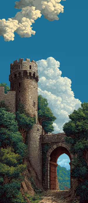 Pixel art medieval castle tower with open wooden gate on a gray green backdrop and cumulus clouds; ultra hd 8K background