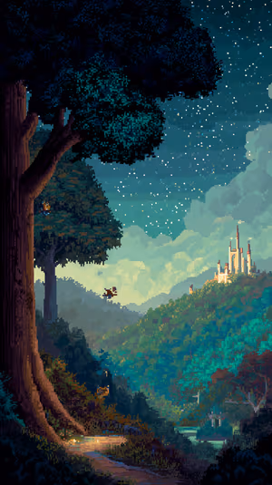Retro pixel art castle and forest path on a starry teal night ultra HD 8K iPhone background.