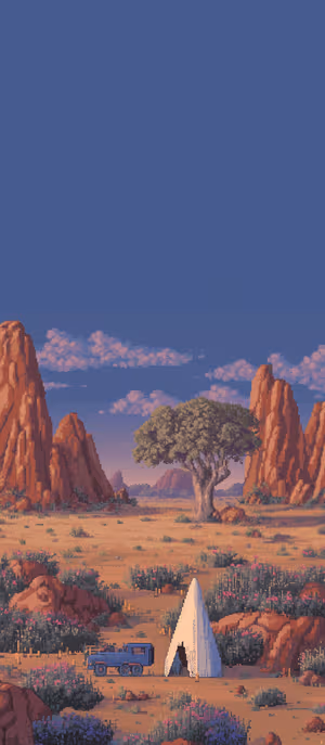 Retro pixel art desert campsite with blue truck and teepee centered on pastel sky and red rock tones, ultra HD image.
