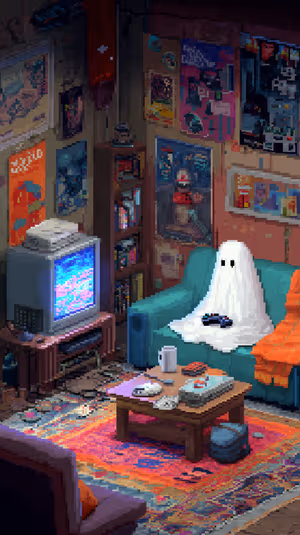 Pixel art sheet ghost holding a controller on a teal couch in a cozy retro living room, ultra HD background.