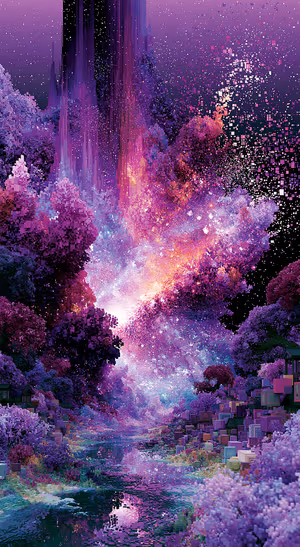 Voxel style pixel nebula landscape on purple magenta background in dreamy cosmic aesthetic, ultra HD image.