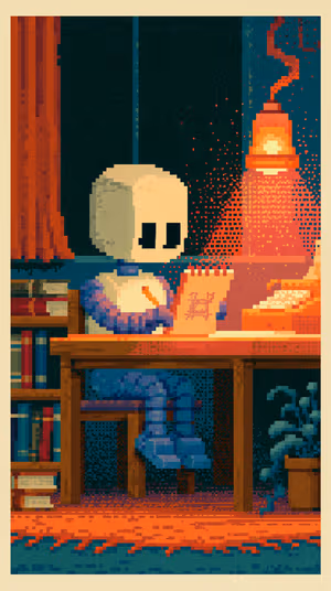 Pixel art skeleton studying at a desk under a warm orange lamp on a teal backdrop ultra HD 8K phone background.