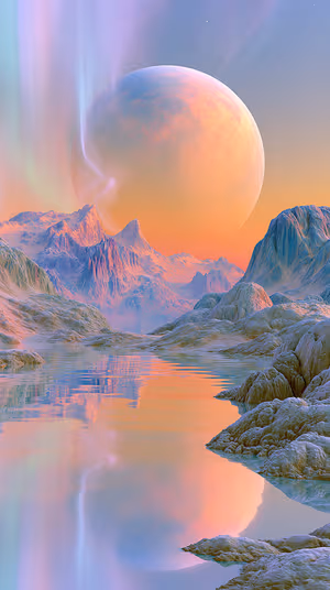 Surreal planet and reflective lagoon centered on a pastel peach and lavender background in a dreamy sci fi aesthetic. Ultra HD 8K.