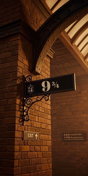 Cinematic close up of Platform 9 3/4 sign on warm amber brick pillar with ornate iron bracket, ultra HD image