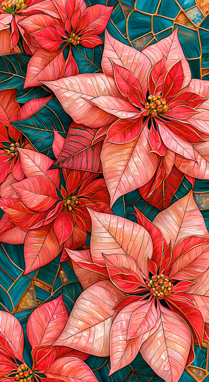 Stained glass poinsettias in red and pink on a deep teal botanical background