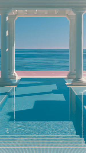Minimalist pool and seascape framed by white columns with turquoise and pink tones in ultra HD