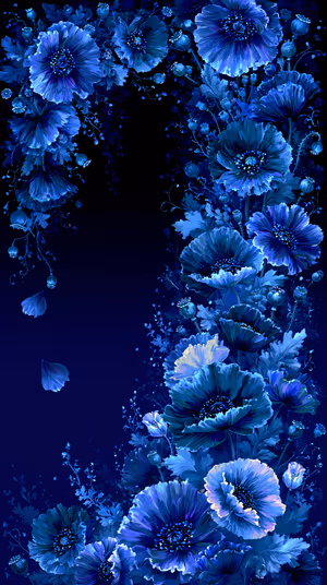 Painterly blue poppies on a dark navy background in a luminous floral illustration, ultra HD background