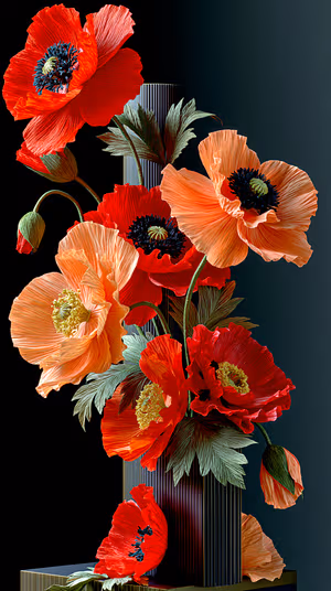 Botanical still life poppies centered on a dark background in vibrant red and coral tones ultra hd 8K image