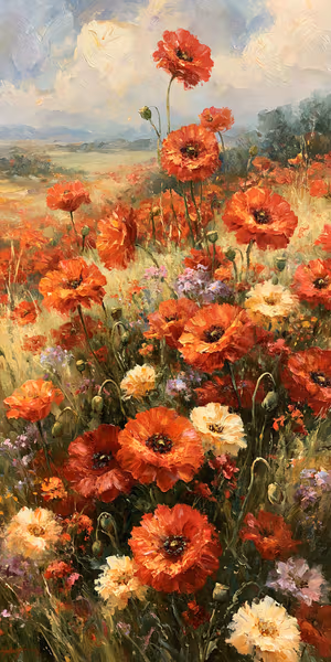 Impressionist oil poppy field centered on warm red and orange tones in a painterly, textured aesthetic