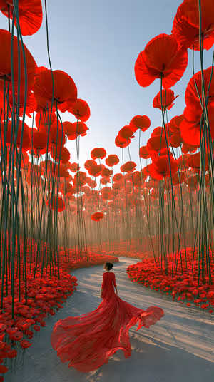 Surreal cinematic poppy field with woman in flowing red dress on a scarlet background ultra HD image.