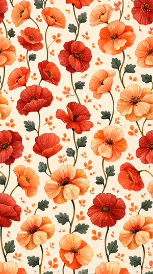 Illustrative poppy pattern on cream background with red orange blooms, ultra HD 8K image for iPhone.