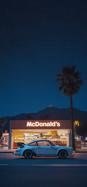 Vintage neon Porsche 911 parked by McDonald's at night with palm tree and starry sky ultra hd 8K phone background.