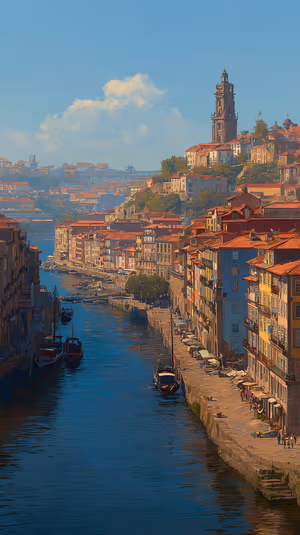 Sunlit Porto riverside cityscape with bell tower and docked boats, golden blue palette ultra HD 8K mobile background.