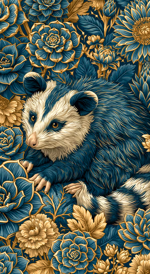 Ornate possum centered among teal and gold flowers in a vintage botanical aesthetic