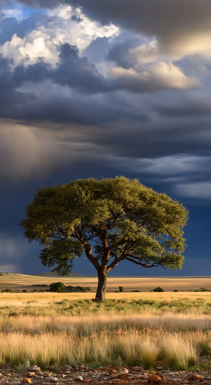 Photorealistic prairie tree beneath blue storm clouds in a golden grassland landscape