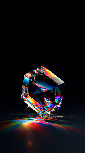 Photoreal prismatic glass cube centered on a black background with multicolor light refractions and luminous highlights