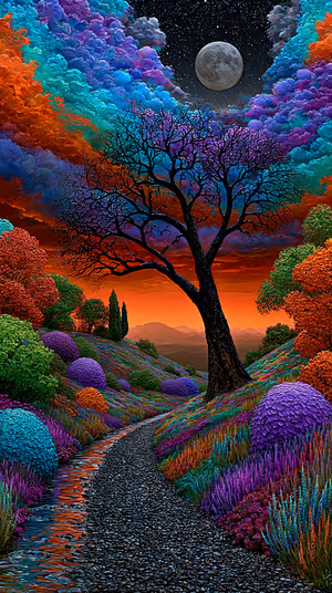 Surreal prismatic tree and moon centered on multicolor turquoise, purple and orange sky in vivid dreamlike 8K.