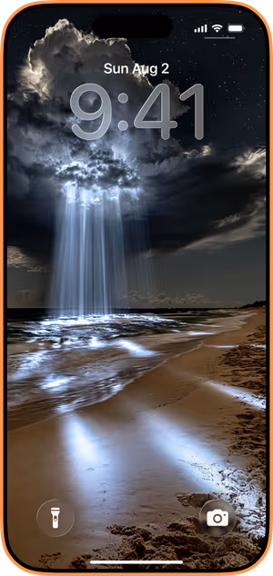 Wallpaper preview on iPhone 17 Pro Max running iOS 26 - Moonlit Beach Light Beams