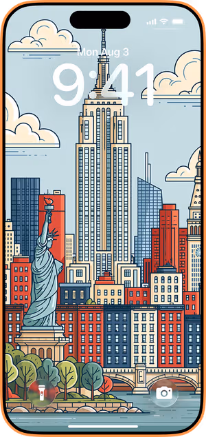 Wallpaper preview on iPhone 17 Pro Max running iOS 26 - New York Skyline Illustration
