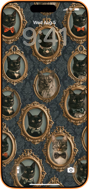 Wallpaper preview on iPhone 17 Pro Max running iOS 26 - Gilded Black Cat Portraits