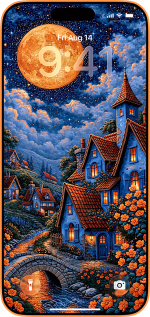 Wallpaper preview on iPhone 17 Pro Max running iOS 26 - Moonlit Village Storybook Art