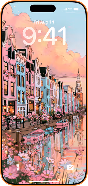 Wallpaper preview on iPhone 17 Pro Max running iOS 26 - Pastel Amsterdam Canal Cityscape