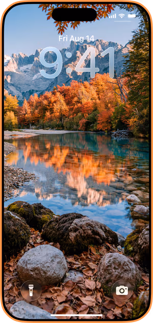 Wallpaper preview on iPhone 17 Pro Max running iOS 26 - Autumn Mountain Lake Reflection