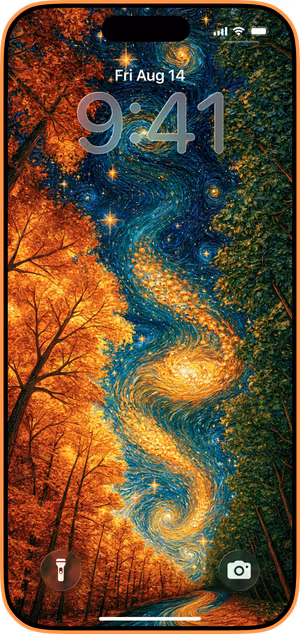 Wallpaper preview on iPhone 17 Pro Max running iOS 26 - Starry Autumn Forest