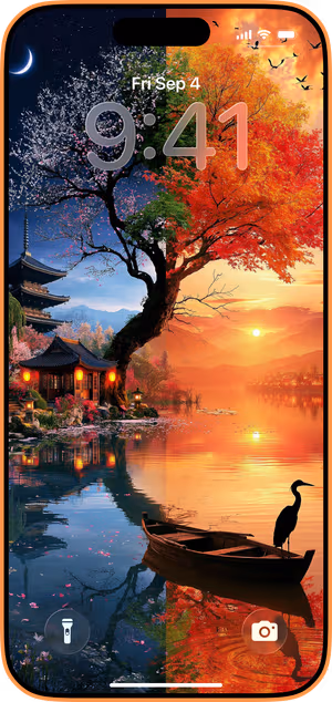 Wallpaper preview on iPhone 17 Pro Max running iOS 26 - Fantasy Japanese Lake Landscape