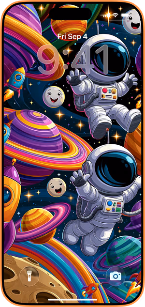 Wallpaper preview on iPhone 17 Pro Max running iOS 26 - Colorful Astronaut Space Adventure