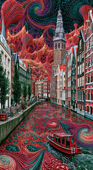 Psychedelic Amsterdam canal centered on a red and teal background in a psychedelic aesthetic.