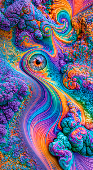 Psychedelic eye swirl centered on a multicolor abstract background in a psychedelic aesthetic.